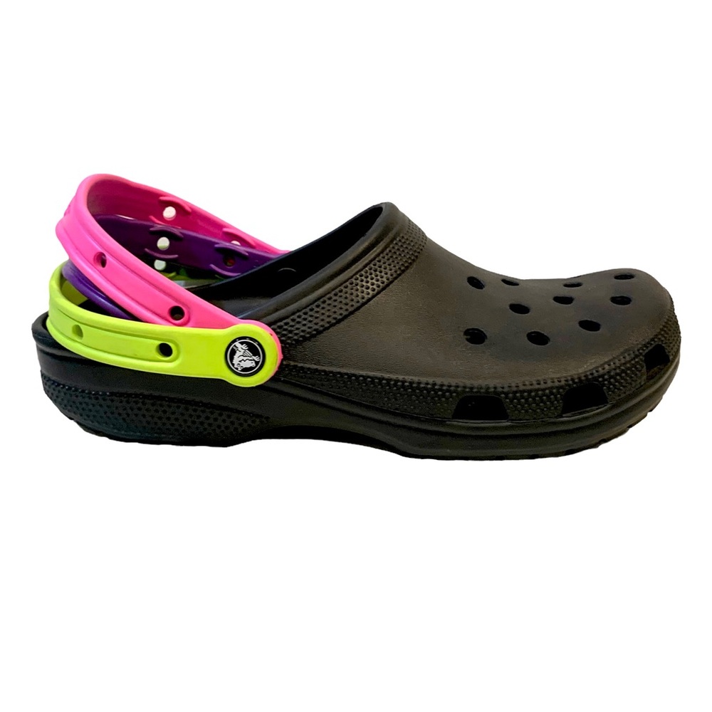 Crocs Black Clogs Size 12 Multi-strap Pink Purple Green